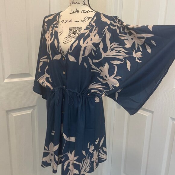 CUPSHE DRESS OVERSIZED SZ M  FLARED SLEEVES NAVY BLUE TAN BEACHY CHIC SUMMER - Picture 6 of 16